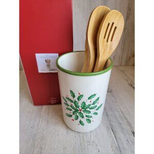 Lenox NEW utensil crock wooden‎ servers holiday mistletoe Xmas decor
